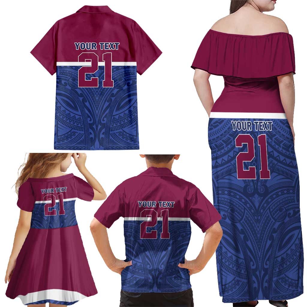 Queensland Samoa Custom Family Matching Off Shoulder Maxi Dress and Hawaiian Shirt Maroon-Blue Pacific Polynesian Tribal Pattern