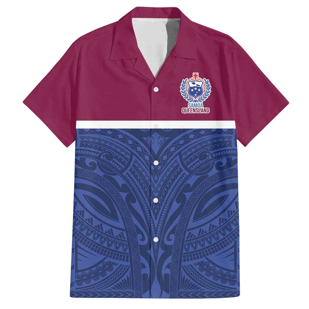 Queensland Samoa Custom Family Matching Off Shoulder Maxi Dress and Hawaiian Shirt Maroon-Blue Pacific Polynesian Tribal Pattern