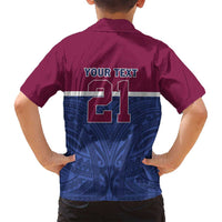 Queensland Samoa Custom Family Matching Off Shoulder Short Dress and Hawaiian Shirt Maroon-Blue Pacific Polynesian Tribal Pattern