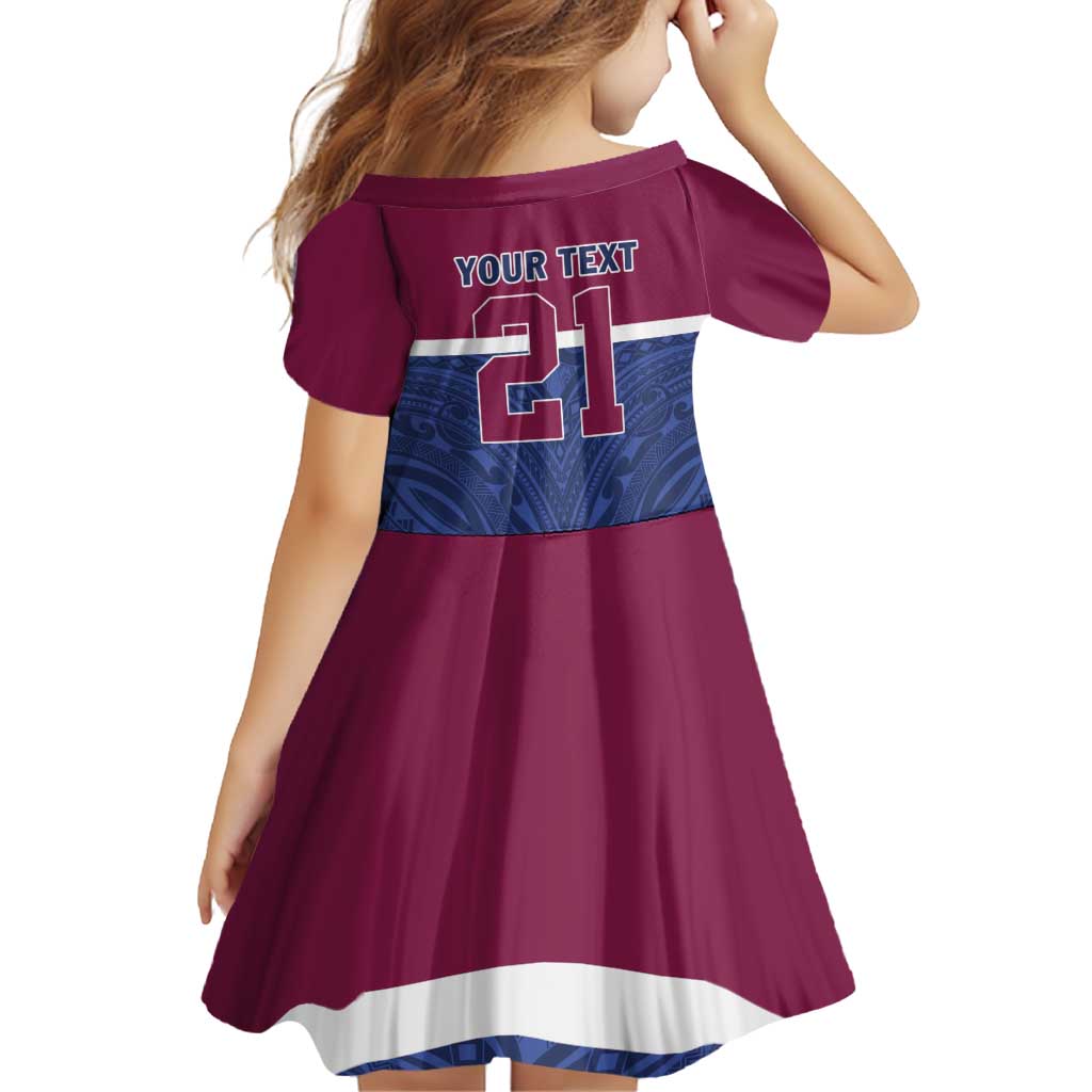 Queensland Samoa Custom Family Matching Off Shoulder Short Dress and Hawaiian Shirt Maroon-Blue Pacific Polynesian Tribal Pattern