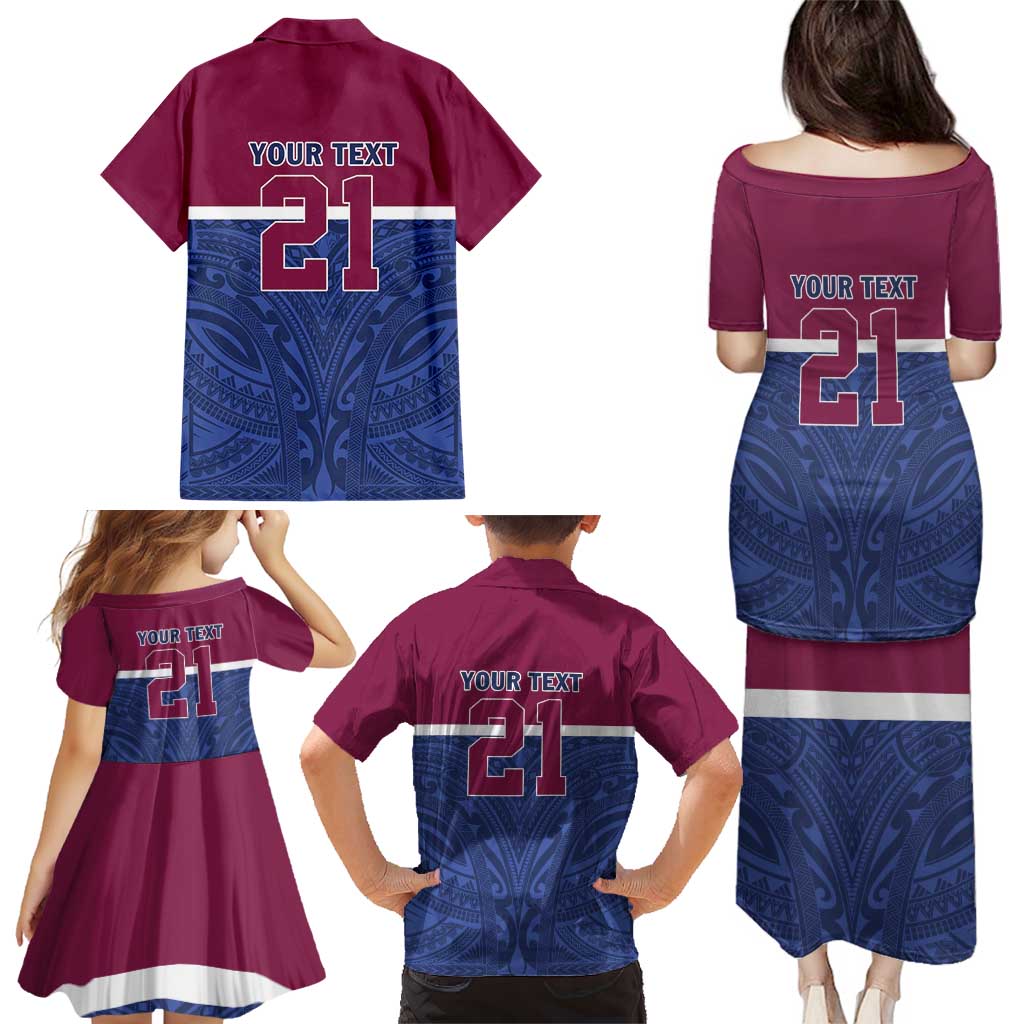 Queensland Samoa Custom Family Matching Puletasi and Hawaiian Shirt Maroon-Blue Pacific Polynesian Tribal Pattern