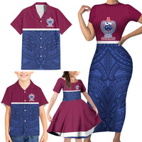 Queensland Samoa Custom Family Matching Short Sleeve Bodycon Dress and Hawaiian Shirt Maroon-Blue Pacific Polynesian Tribal Pattern