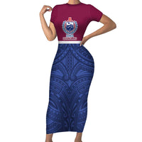Queensland Samoa Custom Family Matching Short Sleeve Bodycon Dress and Hawaiian Shirt Maroon-Blue Pacific Polynesian Tribal Pattern