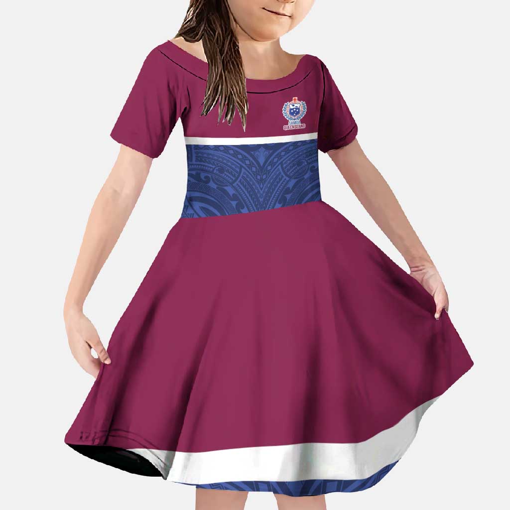 Queensland Samoa Custom Family Matching Summer Maxi Dress and Hawaiian Shirt Maroon-Blue Pacific Polynesian Tribal Pattern LT9 Daughter's Dress Dark Blue - Polynesian Pride