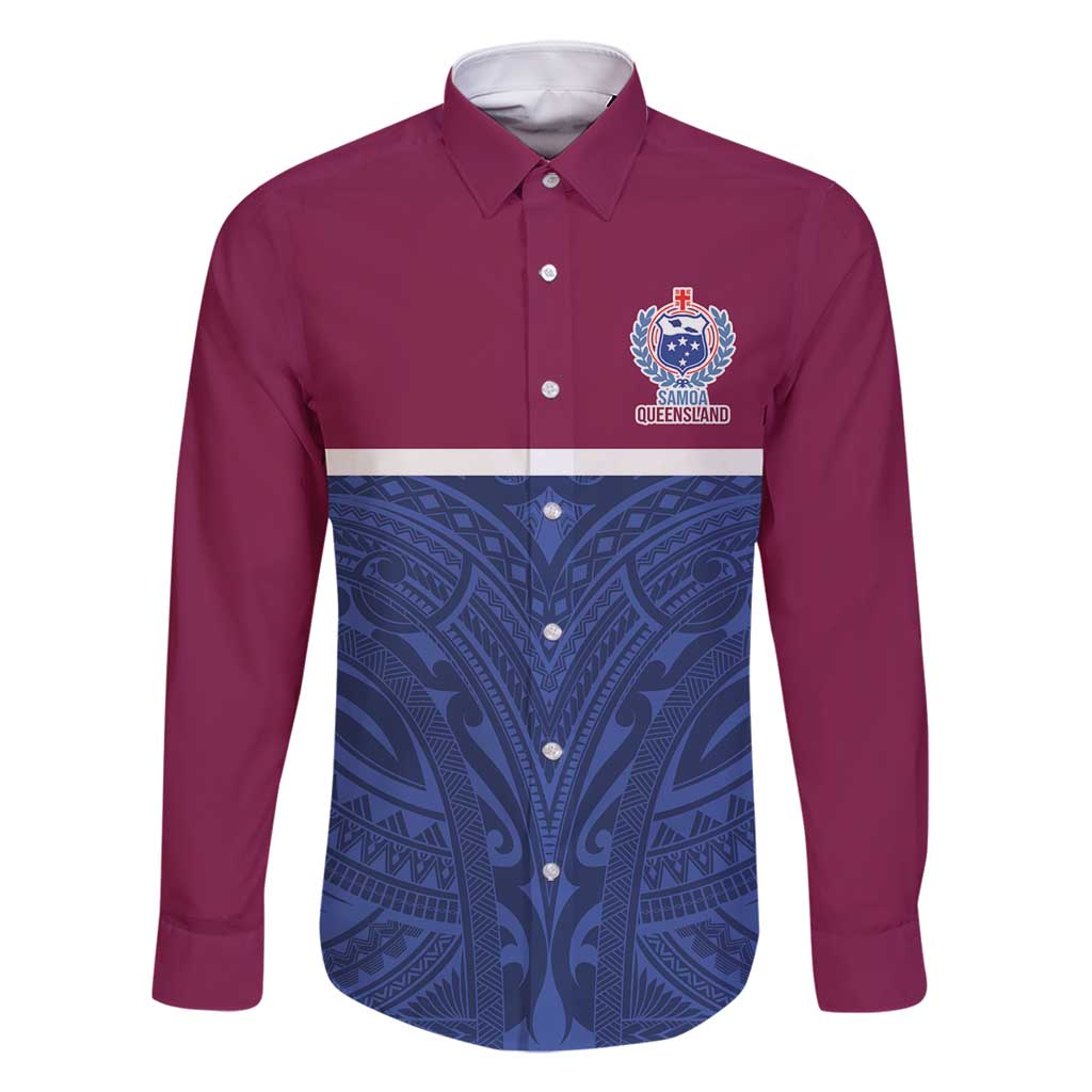 Queensland Samoa Custom Family Matching Summer Maxi Dress and Hawaiian Shirt Maroon-Blue Pacific Polynesian Tribal Pattern LT9 Dad's Shirt - Long Sleeve Dark Blue - Polynesian Pride
