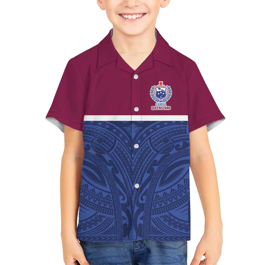 Queensland Samoa Custom Family Matching Summer Maxi Dress and Hawaiian Shirt Maroon-Blue Pacific Polynesian Tribal Pattern LT9 Son's Shirt Dark Blue - Polynesian Pride