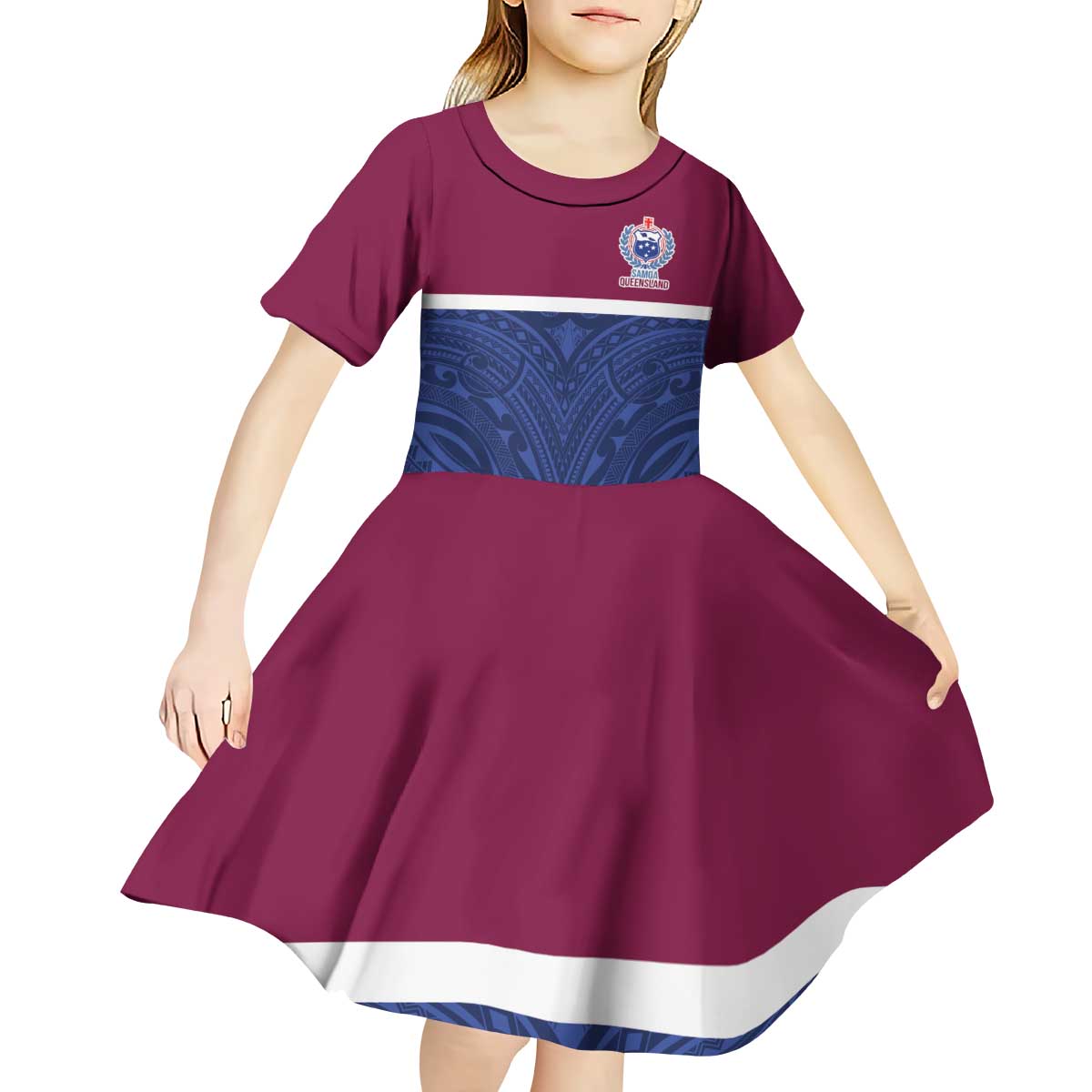 Queensland Samoa Custom Kid Short Sleeve Dress Maroon-Blue Pacific Polynesian Tribal Pattern