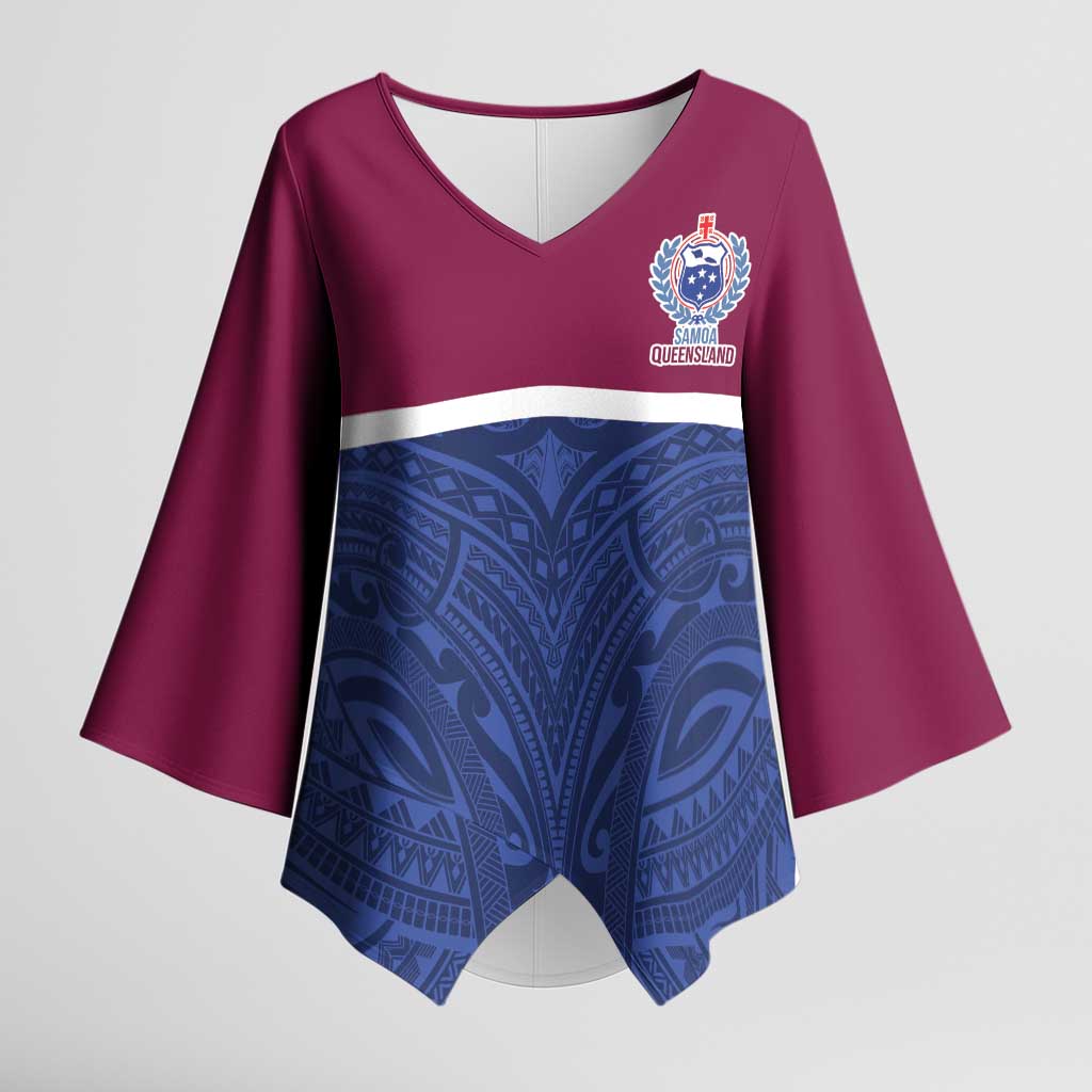 Queensland Samoa Custom Kimono Sleeve Blouse Maroon-Blue Pacific Polynesian Tribal Pattern - Polynesian Pride