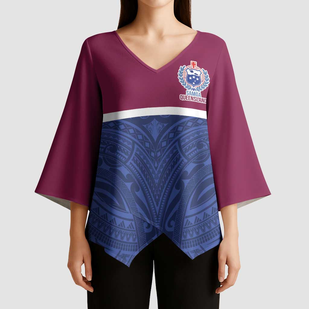 Queensland Samoa Custom Kimono Sleeve Blouse Maroon-Blue Pacific Polynesian Tribal Pattern - Polynesian Pride