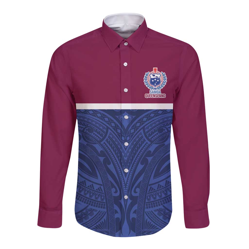 Queensland Samoa Custom Long Sleeve Button Shirt Maroon-Blue Pacific Polynesian Tribal Pattern