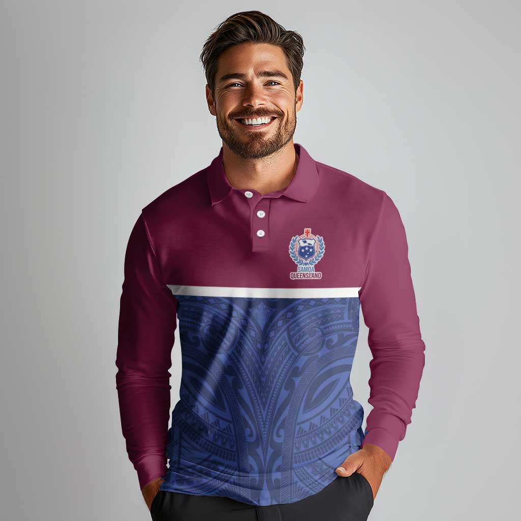 Queensland Samoa Custom Long Sleeve Polo Shirt Maroon-Blue Pacific Polynesian Tribal Pattern