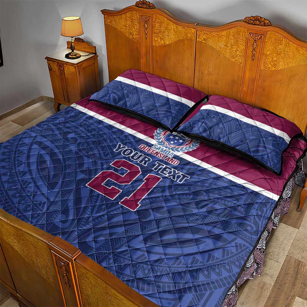 Queensland Samoa Custom Quilt Bed Set Maroon-Blue Pacific Polynesian Tribal Pattern