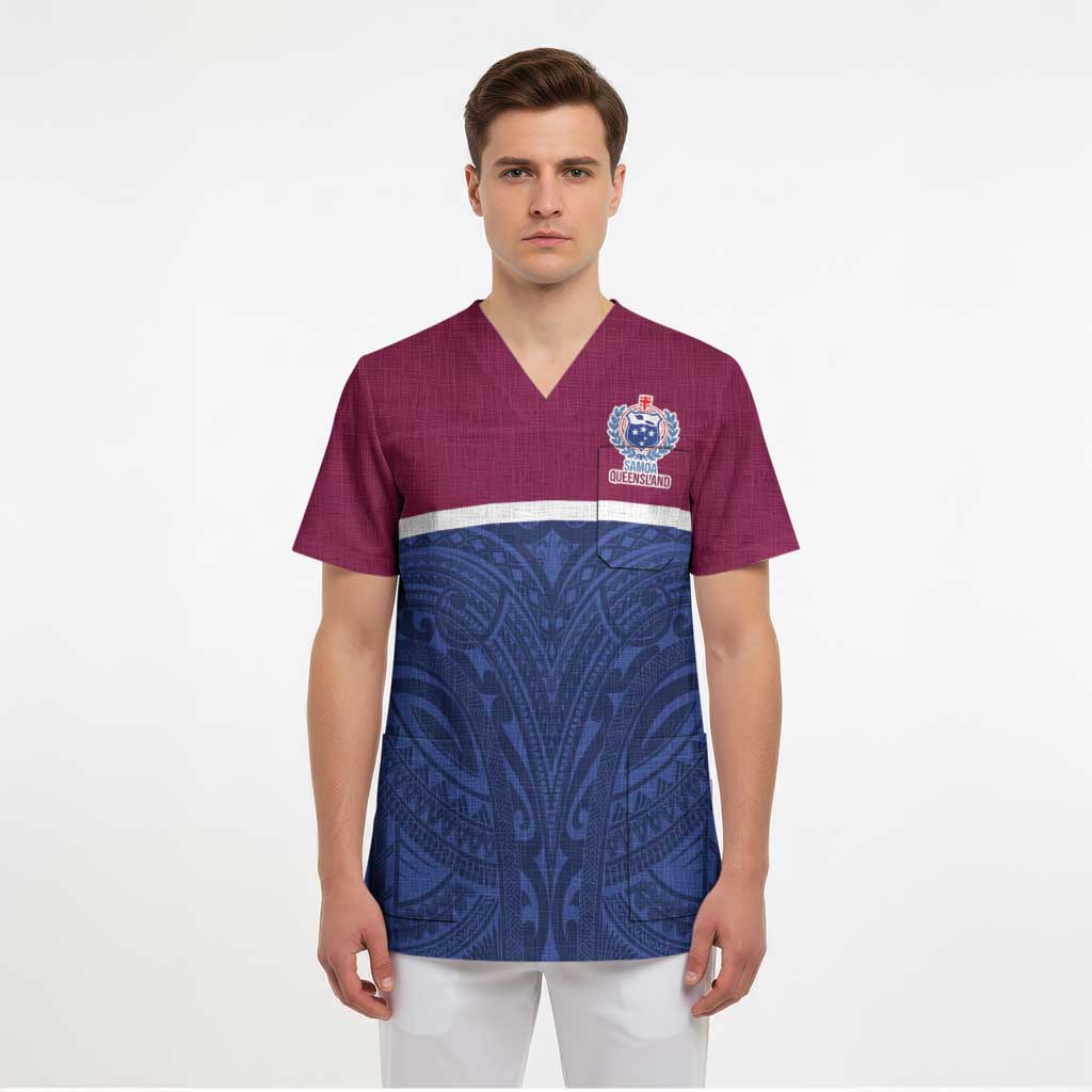 Queensland Samoa Custom Scrub Top Maroon-Blue Pacific Polynesian Tribal Pattern - Polynesian Pride