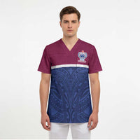 Queensland Samoa Custom Scrub Top Maroon-Blue Pacific Polynesian Tribal Pattern - Polynesian Pride
