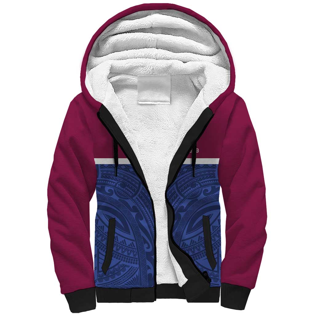 Queensland Samoa Custom Sherpa Hoodie Maroon-Blue Pacific Polynesian Tribal Pattern