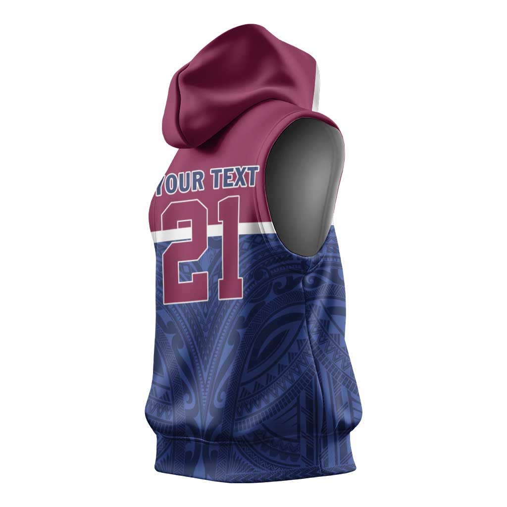 Queensland Samoa Custom Sleeveless Hoodie Maroon-Blue Pacific Polynesian Tribal Pattern - Polynesian Pride