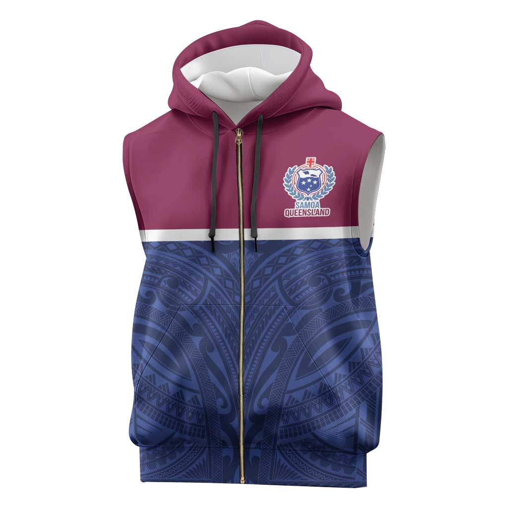 Queensland Samoa Custom Sleeveless Zip Hoodie Maroon-Blue Pacific Polynesian Tribal Pattern - Polynesian Pride
