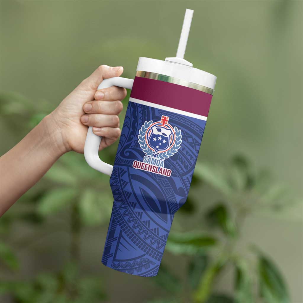 Queensland Samoa Custom Tumbler With Handle Maroon-Blue Pacific Polynesian Tribal Pattern