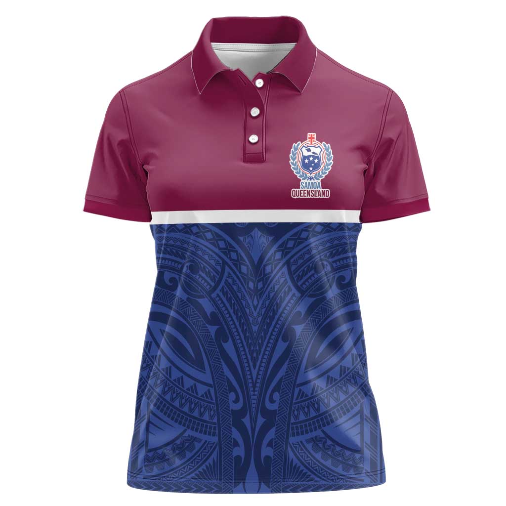 Queensland Samoa Custom Women Polo Shirt Maroon-Blue Pacific Polynesian Tribal Pattern