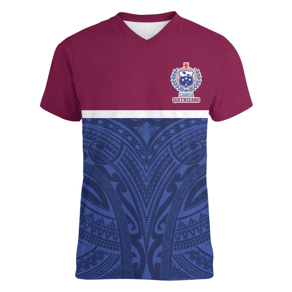 Queensland Samoa Custom Women V-Neck T-Shirt Maroon-Blue Pacific Polynesian Tribal Pattern