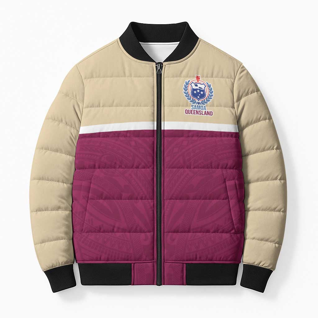 Queensland Samoa Custom Bomber Puffer Jacket Maroon Pacific Polynesian Tribal Pattern - Polynesian Pride