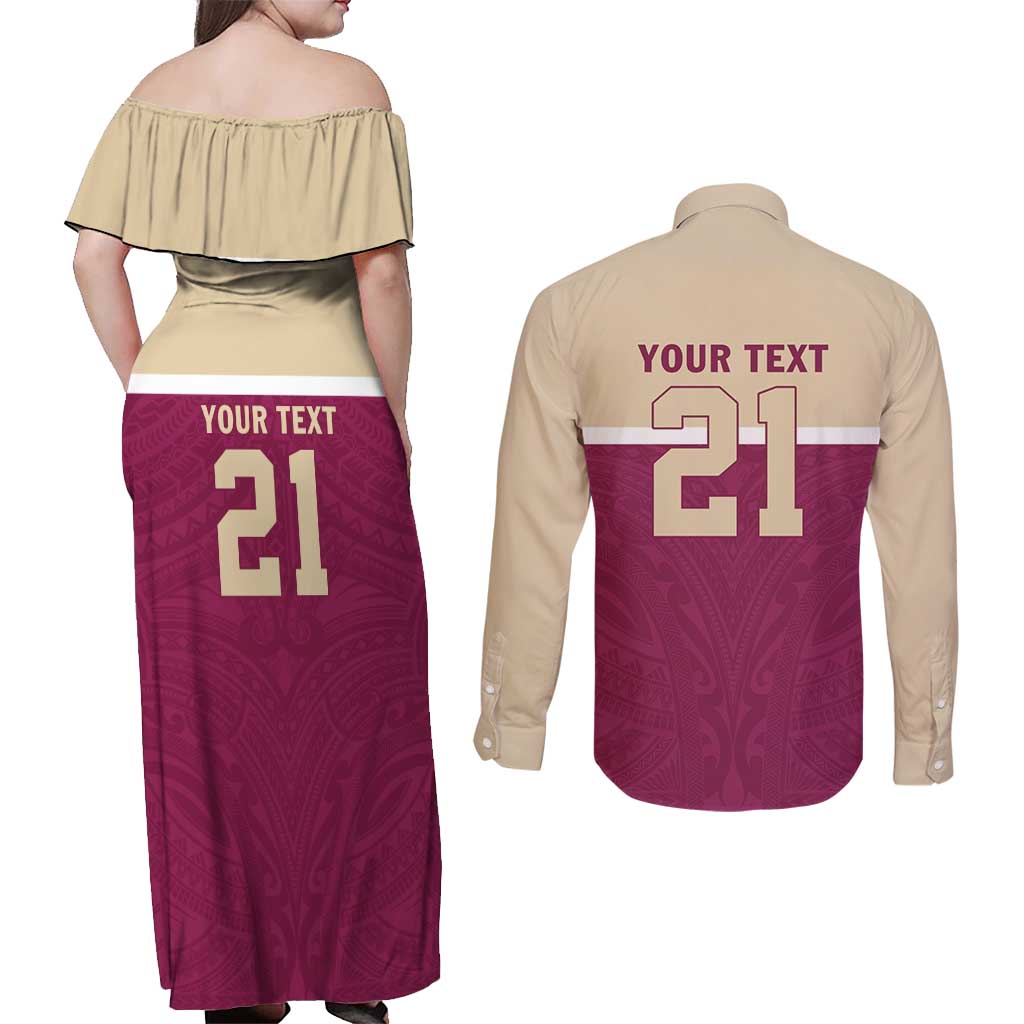 Queensland Samoa Custom Couples Matching Off Shoulder Maxi Dress and Long Sleeve Button Shirt Maroon Pacific Polynesian Tribal Pattern