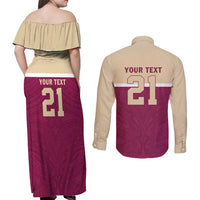Queensland Samoa Custom Couples Matching Off Shoulder Maxi Dress and Long Sleeve Button Shirt Maroon Pacific Polynesian Tribal Pattern