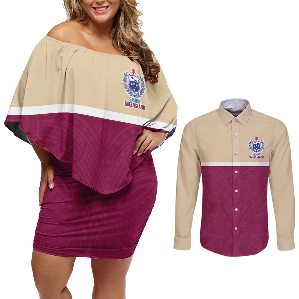 Queensland Samoa Custom Couples Matching Off Shoulder Short Dress and Long Sleeve Button Shirt Maroon Pacific Polynesian Tribal Pattern