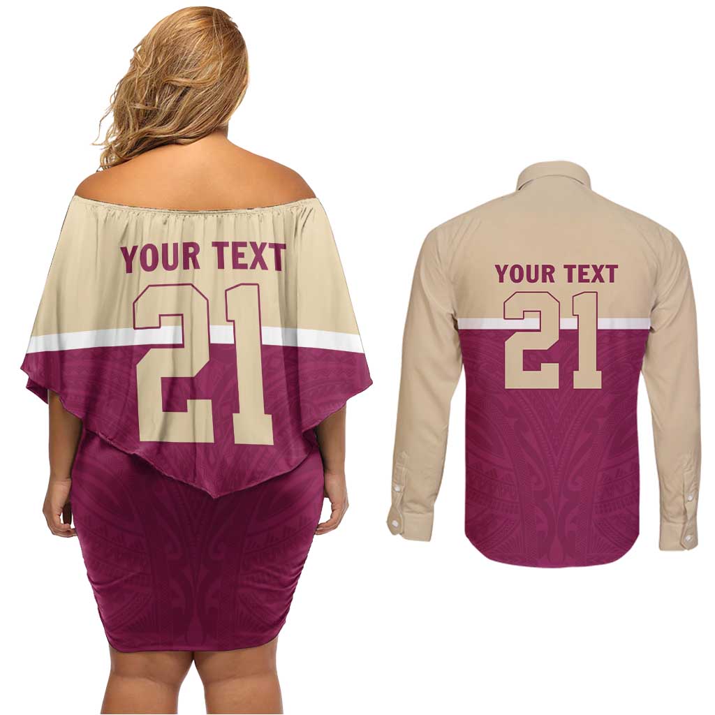 Queensland Samoa Custom Couples Matching Off Shoulder Short Dress and Long Sleeve Button Shirt Maroon Pacific Polynesian Tribal Pattern