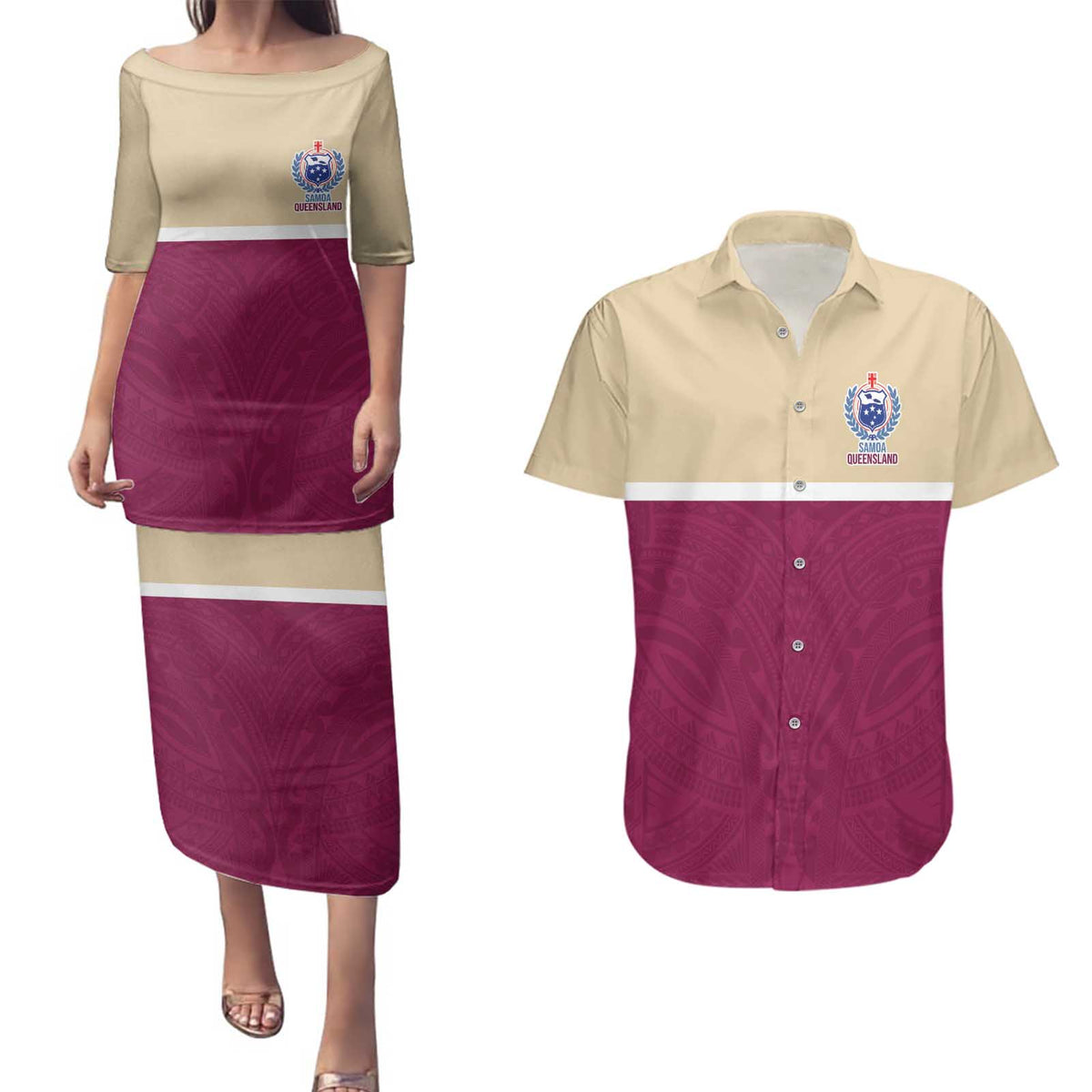 Queensland Samoa Custom Couples Matching Puletasi and Hawaiian Shirt Maroon Pacific Polynesian Tribal Pattern