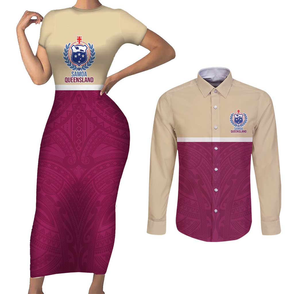 Queensland Samoa Custom Couples Matching Short Sleeve Bodycon Dress and Long Sleeve Button Shirt Maroon Pacific Polynesian Tribal Pattern