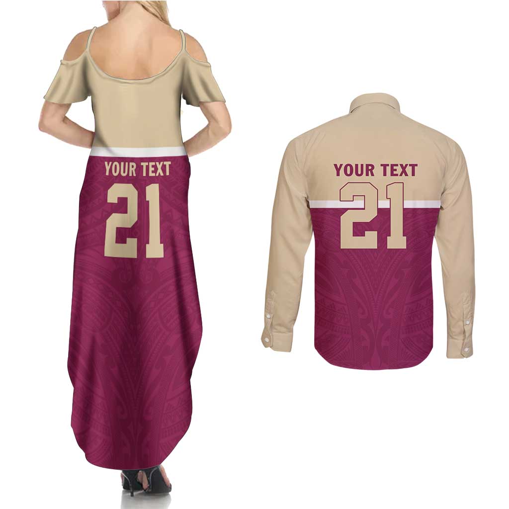 Queensland Samoa Custom Couples Matching Summer Maxi Dress and Long Sleeve Button Shirt Maroon Pacific Polynesian Tribal Pattern