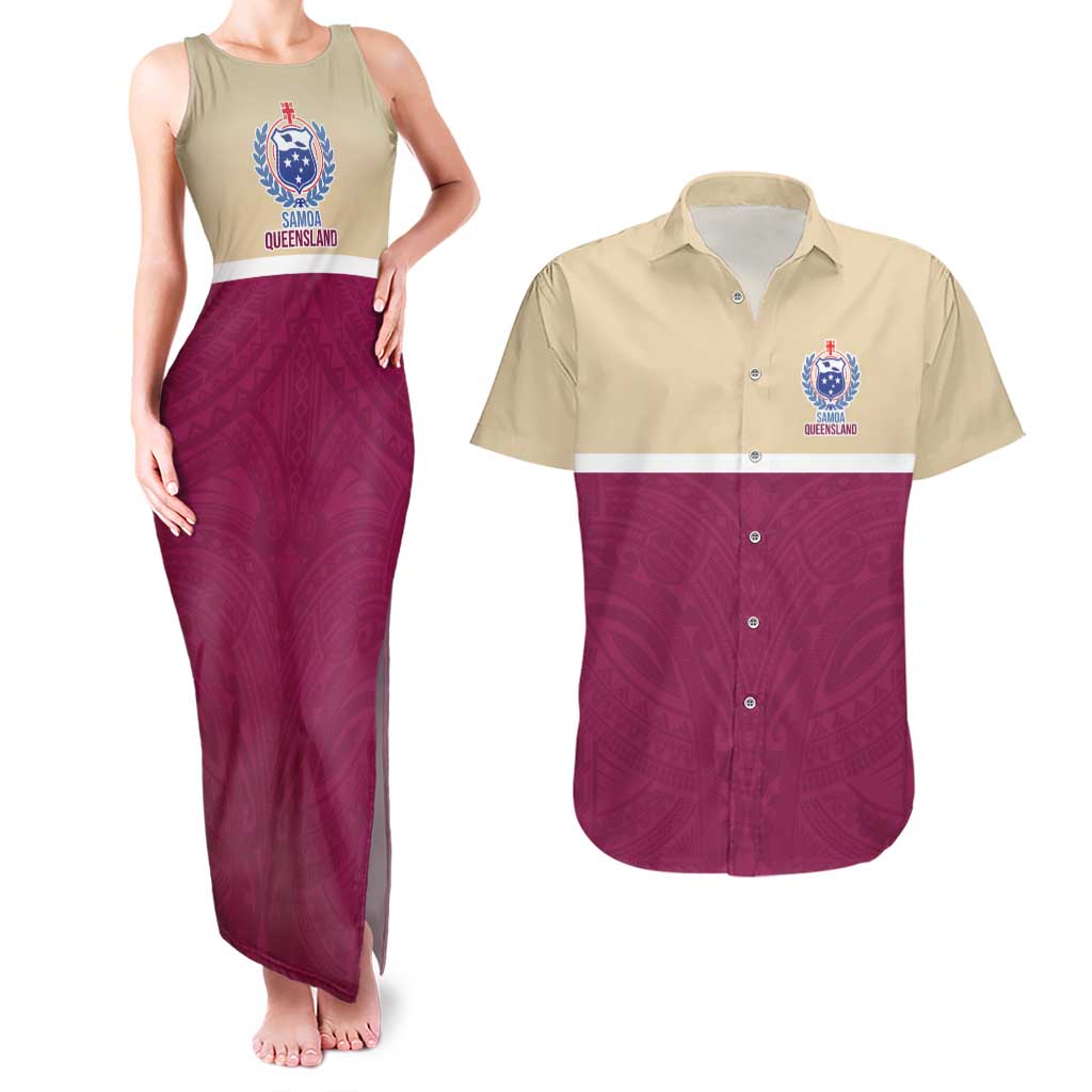 Queensland Samoa Custom Couples Matching Tank Maxi Dress and Hawaiian Shirt Maroon Pacific Polynesian Tribal Pattern