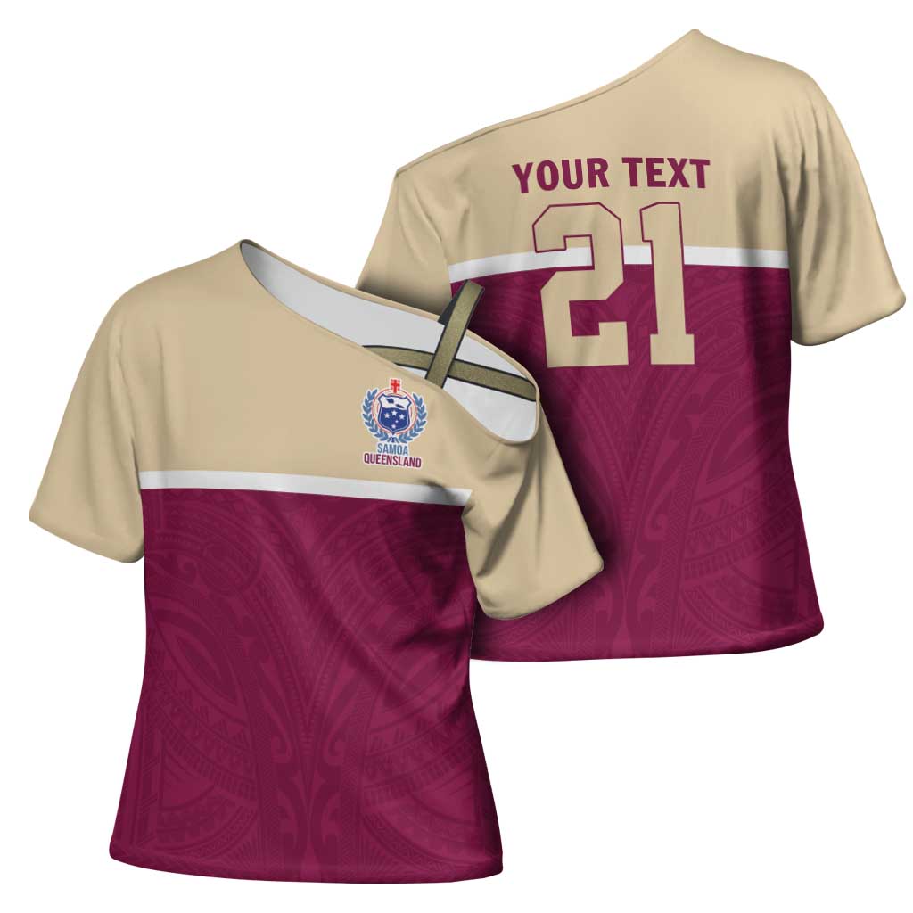 Queensland Samoa Custom Cross Shoulder Shirt Maroon Pacific Polynesian Tribal Pattern - Polynesian Pride
