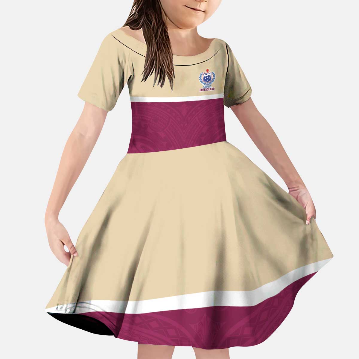 Queensland Samoa Custom Kid Short Sleeve Dress Maroon Pacific Polynesian Tribal Pattern