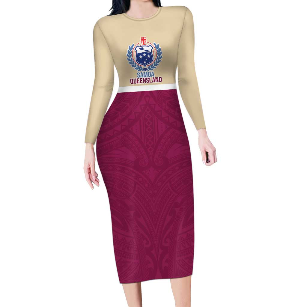 Queensland Samoa Custom Long Sleeve Bodycon Dress Maroon Pacific Polynesian Tribal Pattern LT9 Long Dress Maroon - Polynesian Pride
