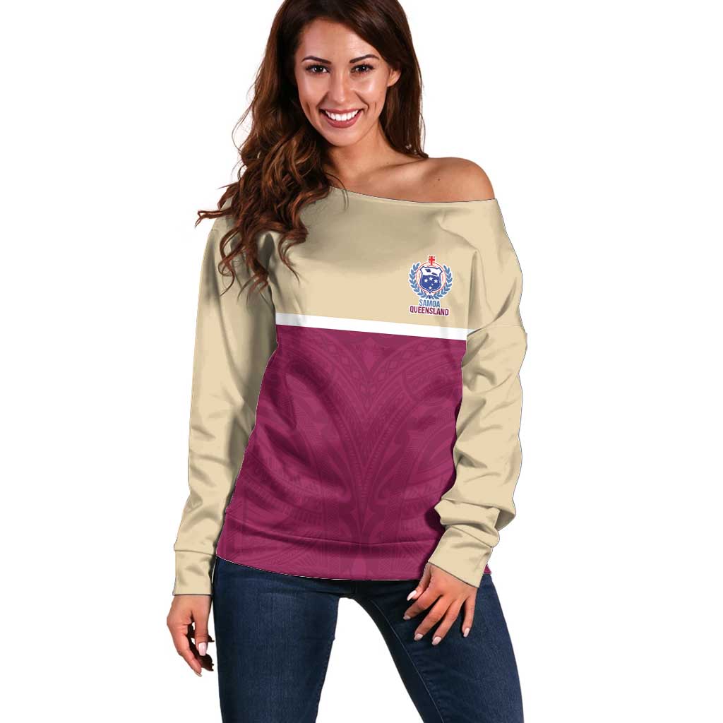 Queensland Samoa Custom Off Shoulder Sweater Maroon Pacific Polynesian Tribal Pattern