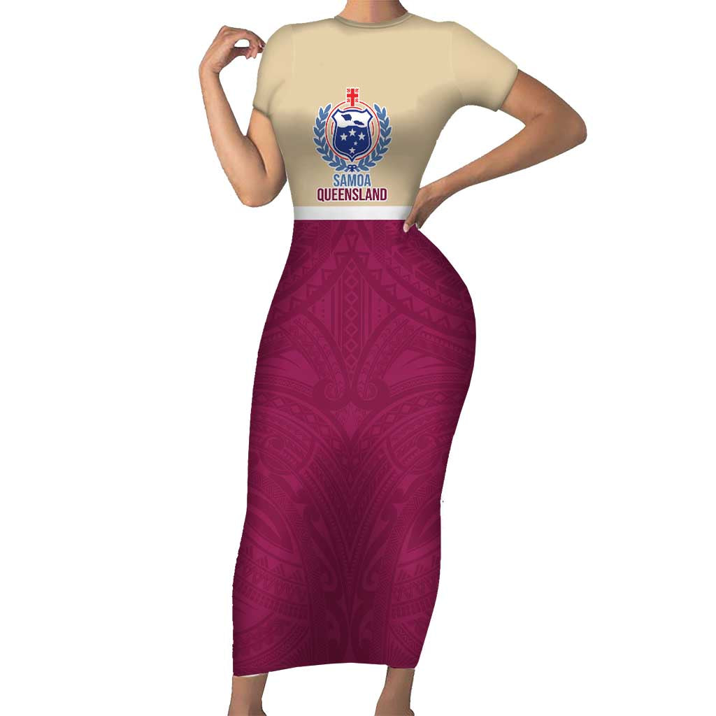 Queensland Samoa Custom Short Sleeve Bodycon Dress Maroon Pacific Polynesian Tribal Pattern LT9 Long Dress Maroon - Polynesian Pride