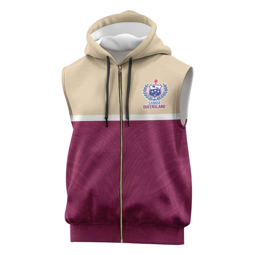 Queensland Samoa Custom Sleeveless Zip Hoodie Maroon Pacific Polynesian Tribal Pattern - Polynesian Pride