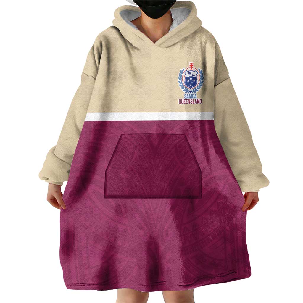 Queensland Samoa Custom Wearable Blanket Hoodie Maroon Pacific Polynesian Tribal Pattern