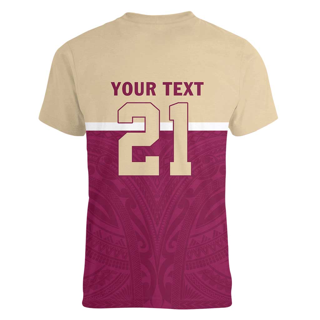 Queensland Samoa Custom Women V-Neck T-Shirt Maroon Pacific Polynesian Tribal Pattern