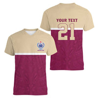 Queensland Samoa Custom Women V-Neck T-Shirt Maroon Pacific Polynesian Tribal Pattern