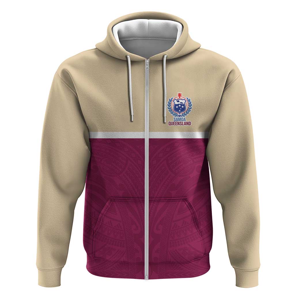 Queensland Samoa Custom Zip Hoodie Maroon Pacific Polynesian Tribal Pattern