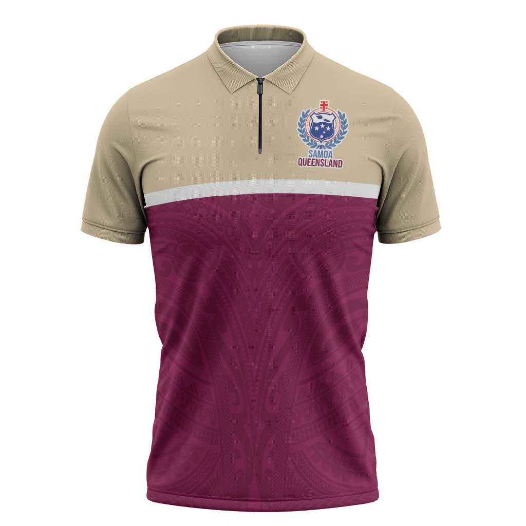 Queensland Samoa Custom Zipper Polo Shirt Maroon Pacific Polynesian Tribal Pattern - Polynesian Pride
