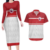Queensland Tonga Custom Couples Matching Long Sleeve Bodycon Dress and Hawaiian Shirt QLD with Tongan Ngatu Pattern LT9 Red - Polynesian Pride