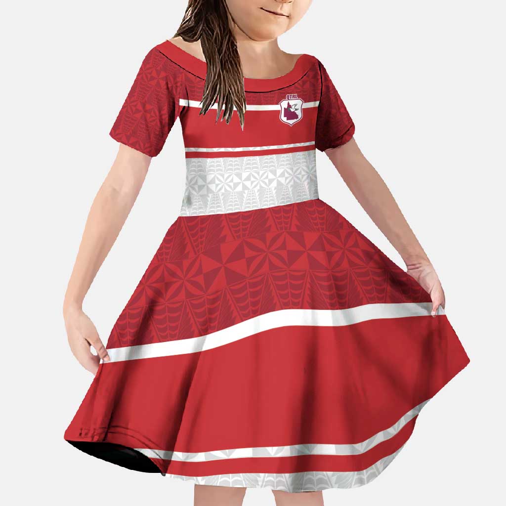 Queensland Tonga Custom Family Matching Short Sleeve Bodycon Dress and Hawaiian Shirt QLD with Tongan Ngatu Pattern LT9 Daughter's Dress Red - Polynesian Pride