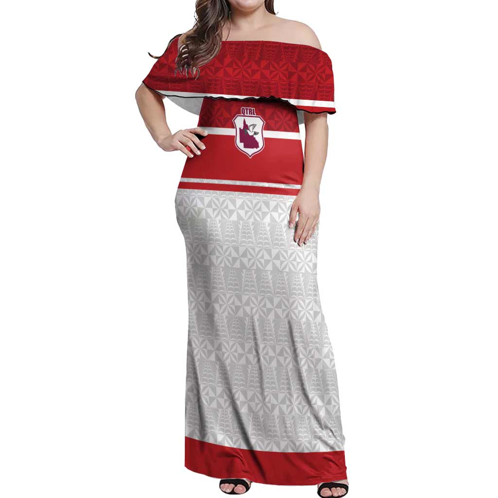 Queensland Tonga Custom Off Shoulder Maxi Dress QLD with Tongan Ngatu Pattern LT9 Women Red - Polynesian Pride