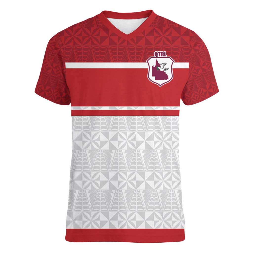 Queensland Tonga Custom Women V-Neck T-Shirt QLD with Tongan Ngatu Pattern