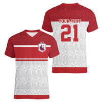 Queensland Tonga Custom Women V-Neck T-Shirt QLD with Tongan Ngatu Pattern