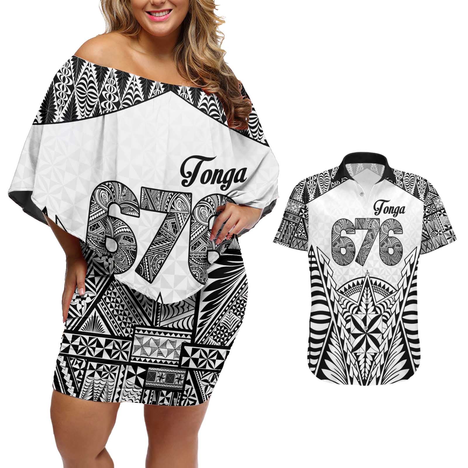 Personalised Tonga 676 Couples Matching Off Shoulder Short Dress and Hawaiian Shirt Tribal Kupesi Ngatu Unique